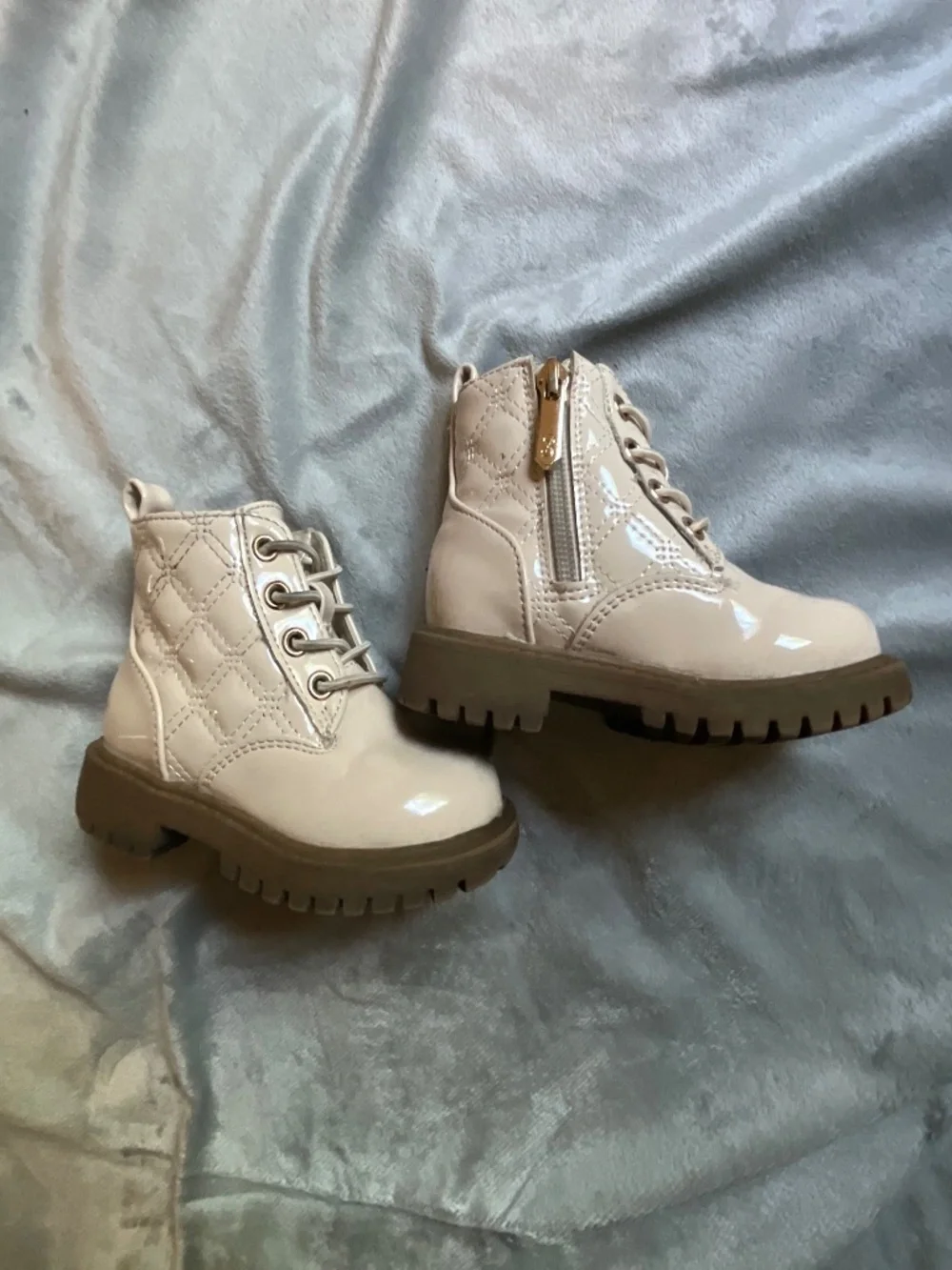 Girls Faux Patent Leather Boots Beige Size 6
